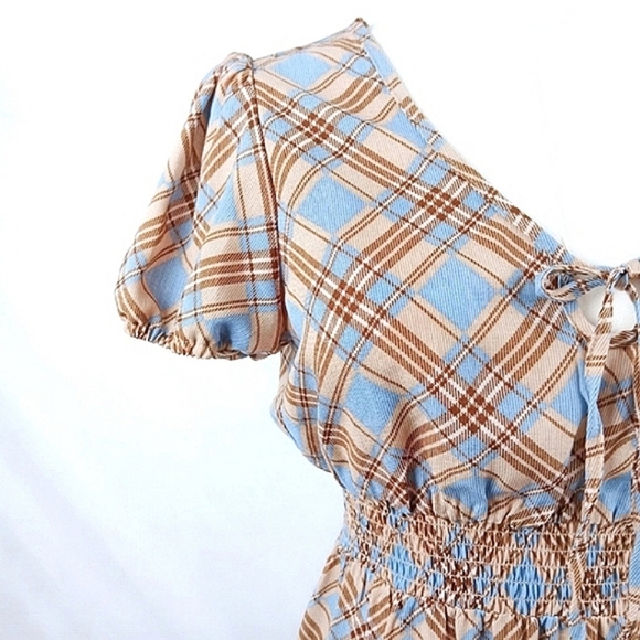 NWT BeBop Blue And Tan Plaid Smocked Waist Mini Dress Puff Sleeve S Retro Print - Picture 5 of 5